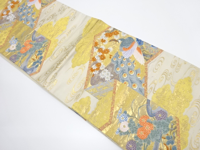 JAPANESE KIMONO / VINTAGE FUKURO OBI / SILK / WOVEN AUTUMN FLOWERS & PEACOCK